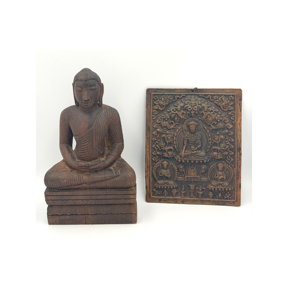Vintage Carved Wood Buddha Statue & Embossed Metal Wall Plaque Buddhist Decor